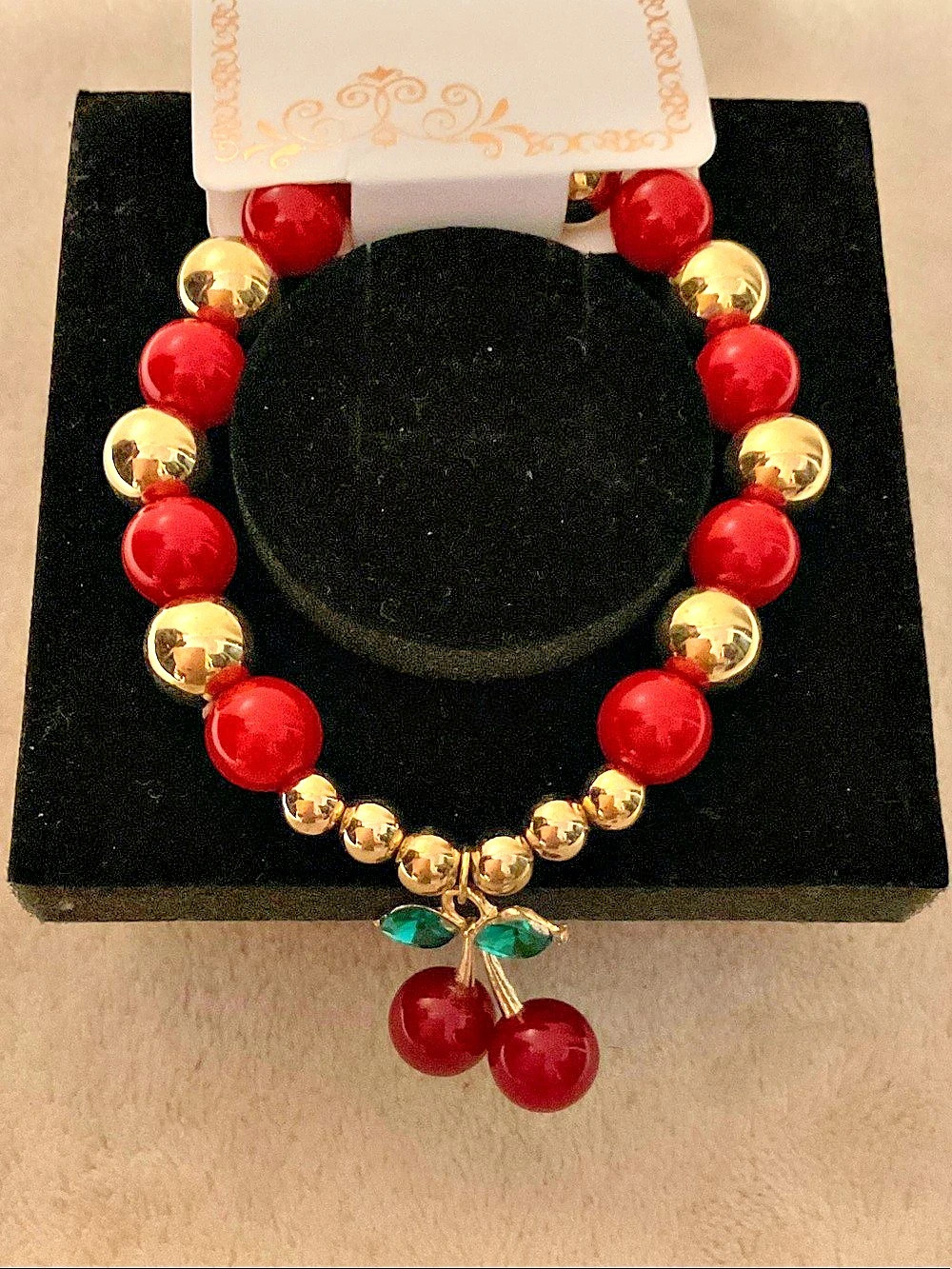 fashion Accessories Red Cherry Pendant Beaded Bracelet